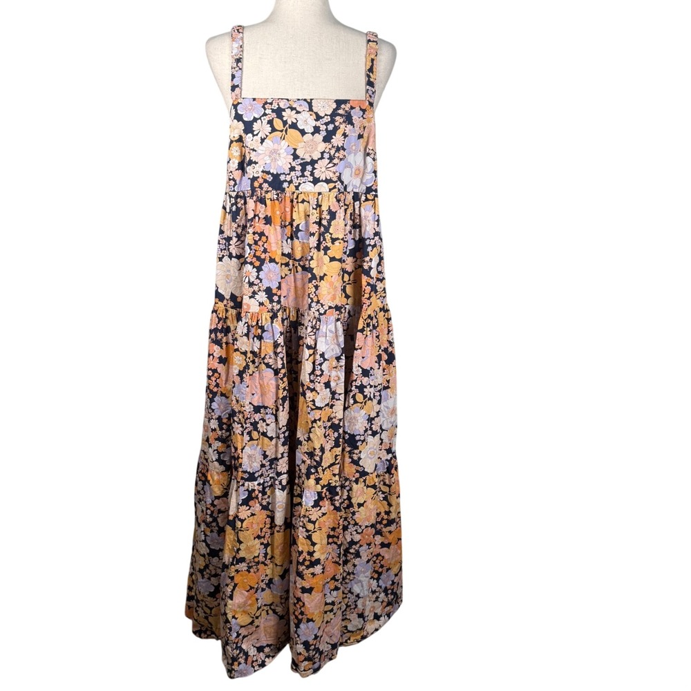 Free People Park Slope Floral Maxi Dress S Navy Orange Boho Tiered Pockets Retro